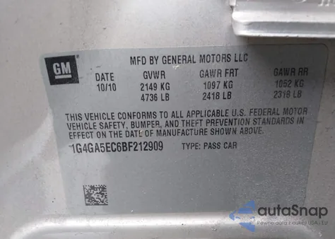 2011 Buick Lacrosse Cx z USA, uszkodzony, nr VIN 1G4GA5EC6BF212909